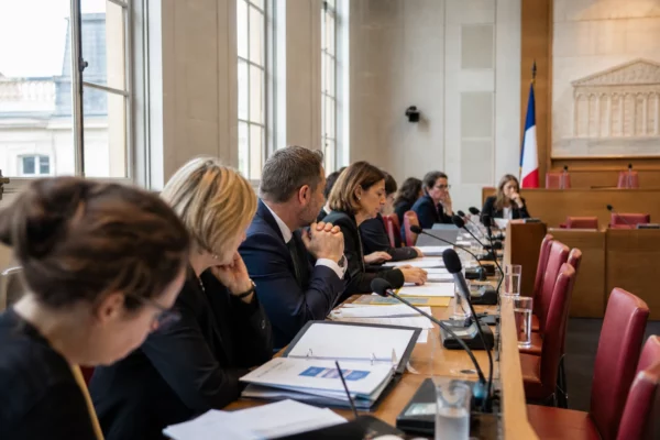 Réunion de commission à l’Assemblée nationale avec députés anonymes, micros et dossiers sur la lutte contre les violences sexuelles.