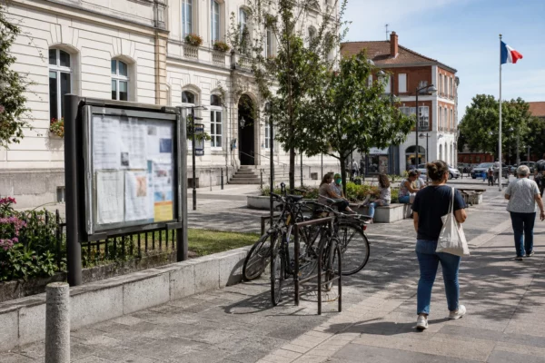 Rue de quartier à Lyon près d’une mairie, passants anonymes et ambiance calme autour du débat sur la gauche.