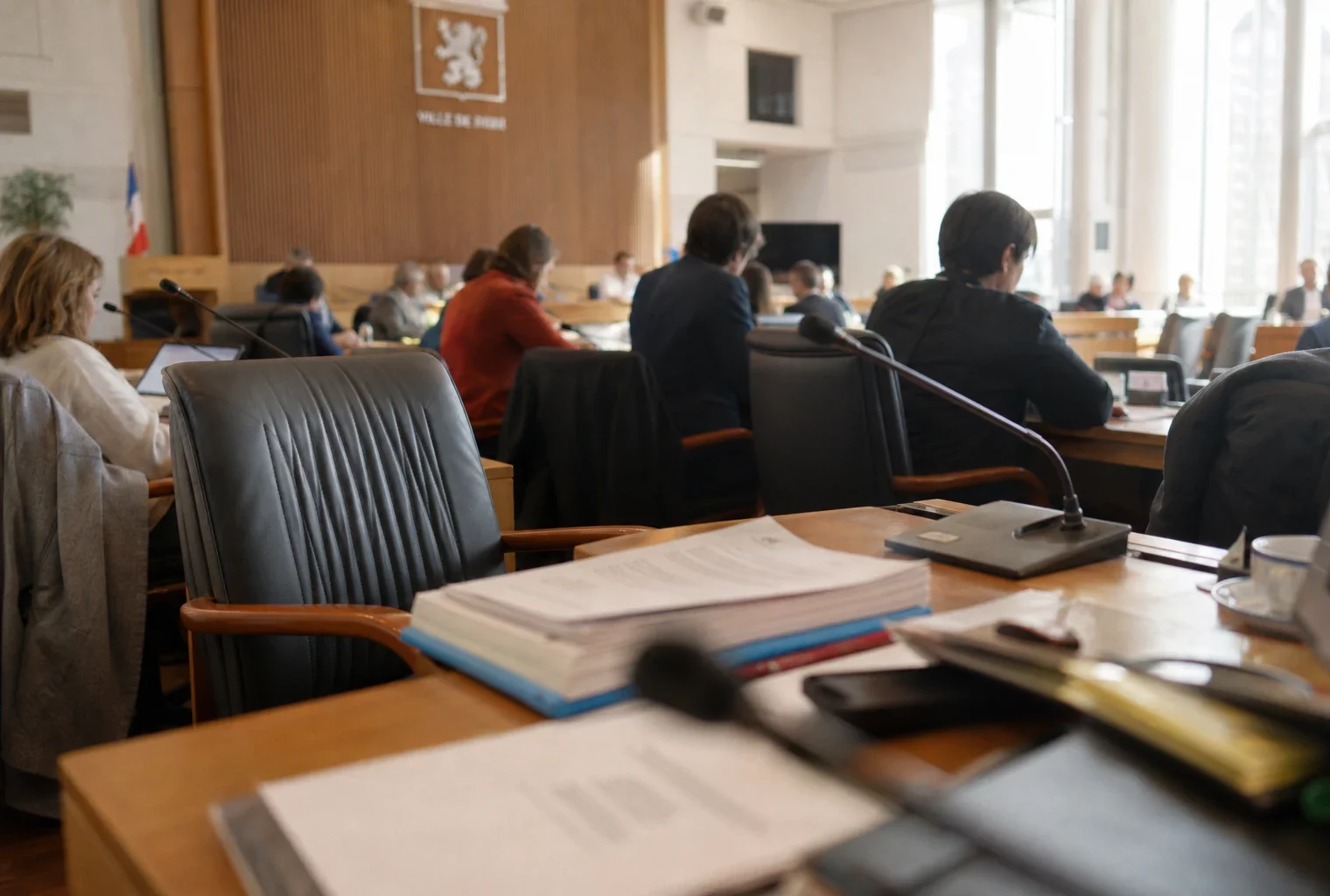 Salle municipale lyonnaise avec une chaise vide, des micros et des dossiers lors d’une réunion locale.