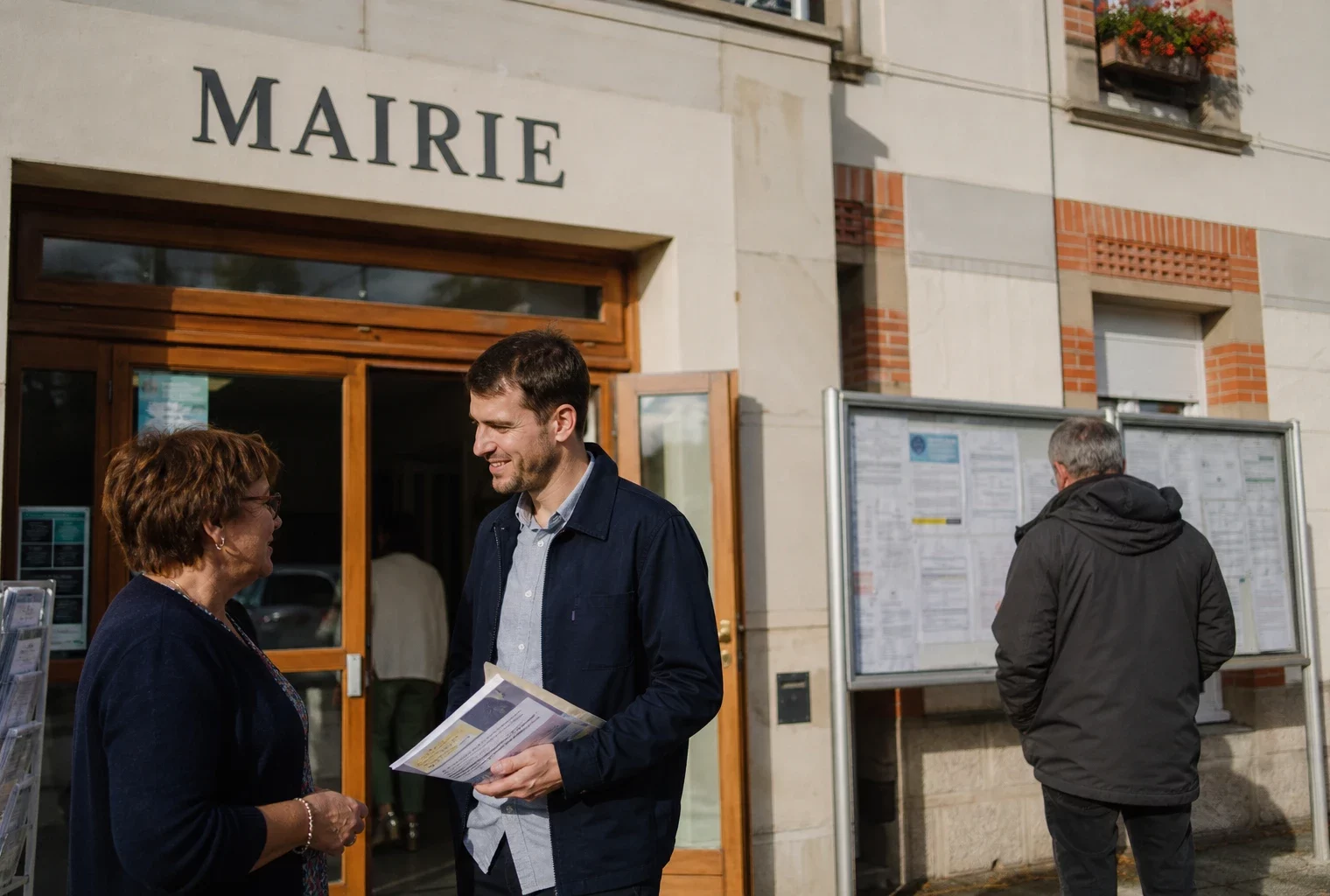 Des habitants discutent devant une mairie française avec des documents floutés, dans une scène de vie citoyenne locale.