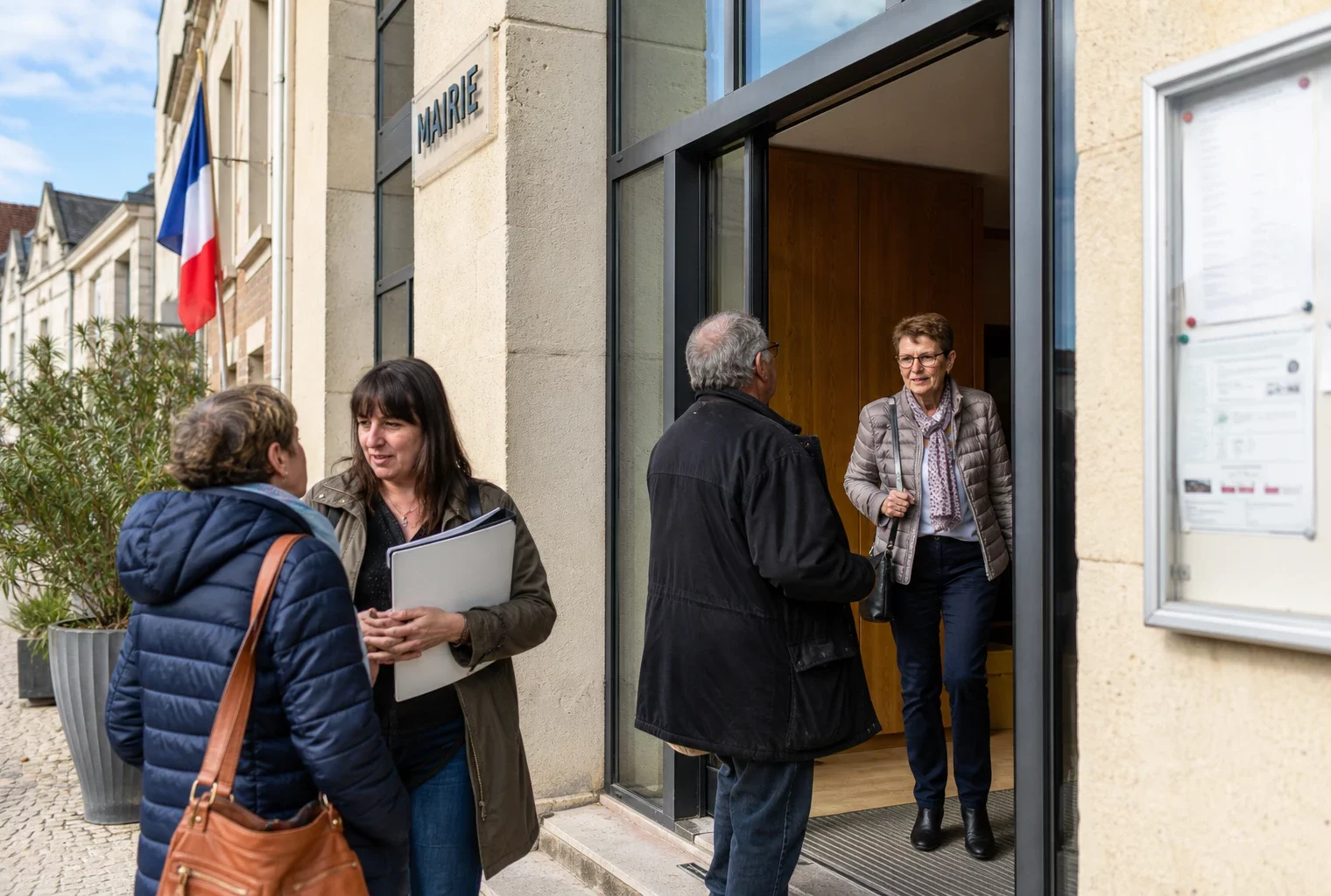 Des habitants discutent devant une mairie française lors d’un rendez-vous civic local en lumière naturelle.