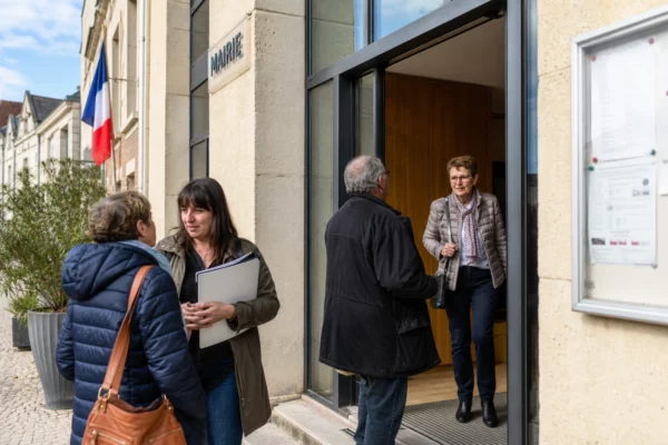 Des habitants discutent devant une mairie française lors d’un rendez-vous civic local en lumière naturelle.