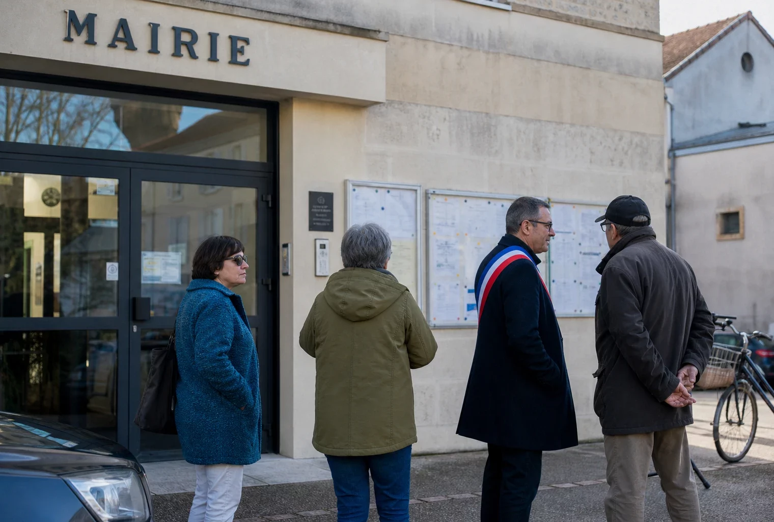 Des habitants discutent avec un élu local devant la mairie, en lumière du matin, dans une scène civique française calme.