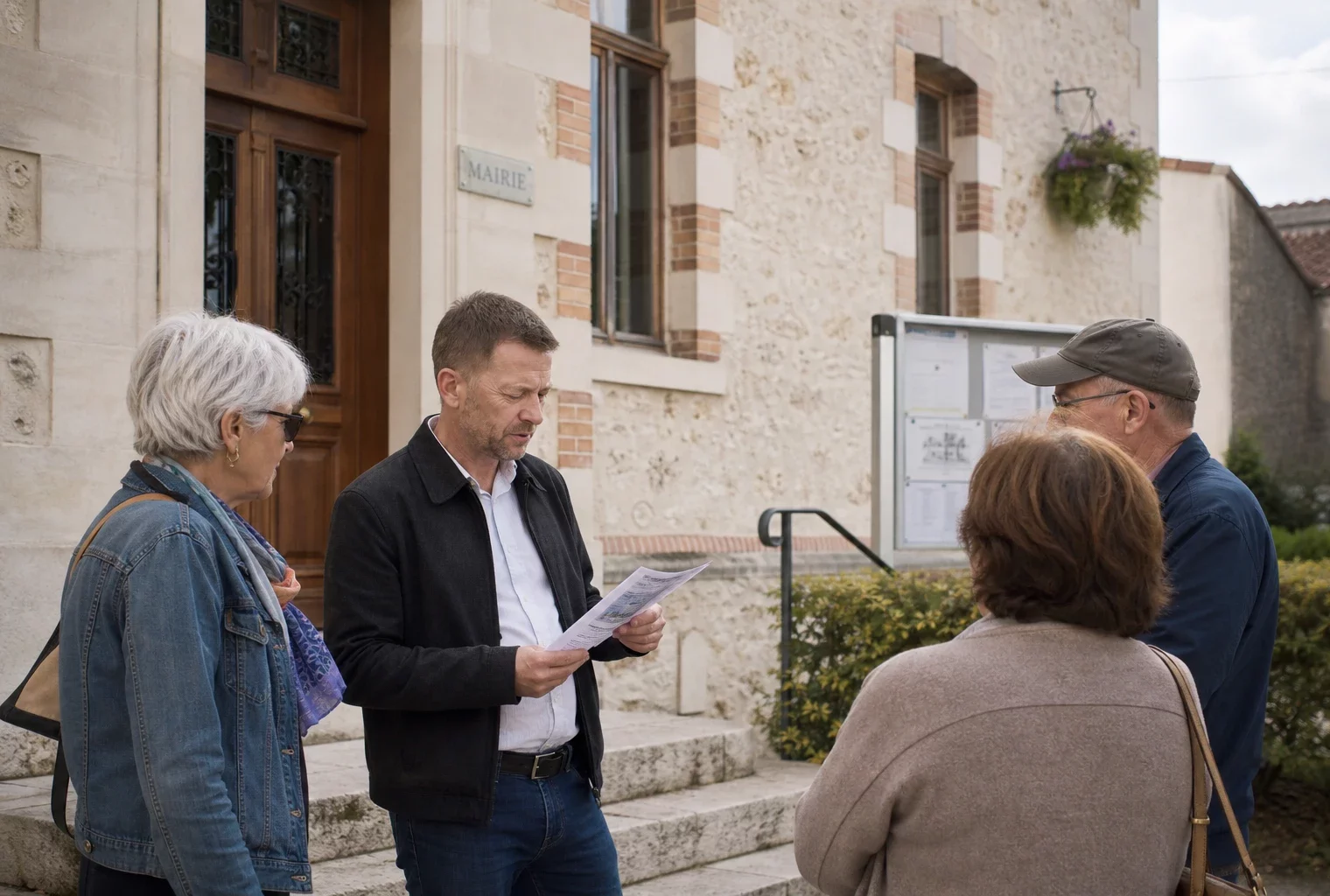 Des habitants discutent devant une mairie de province, avec un panneau municipal flou en arrière-plan.
