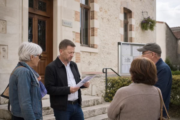 Des habitants discutent devant une mairie de province, avec un panneau municipal flou en arrière-plan.