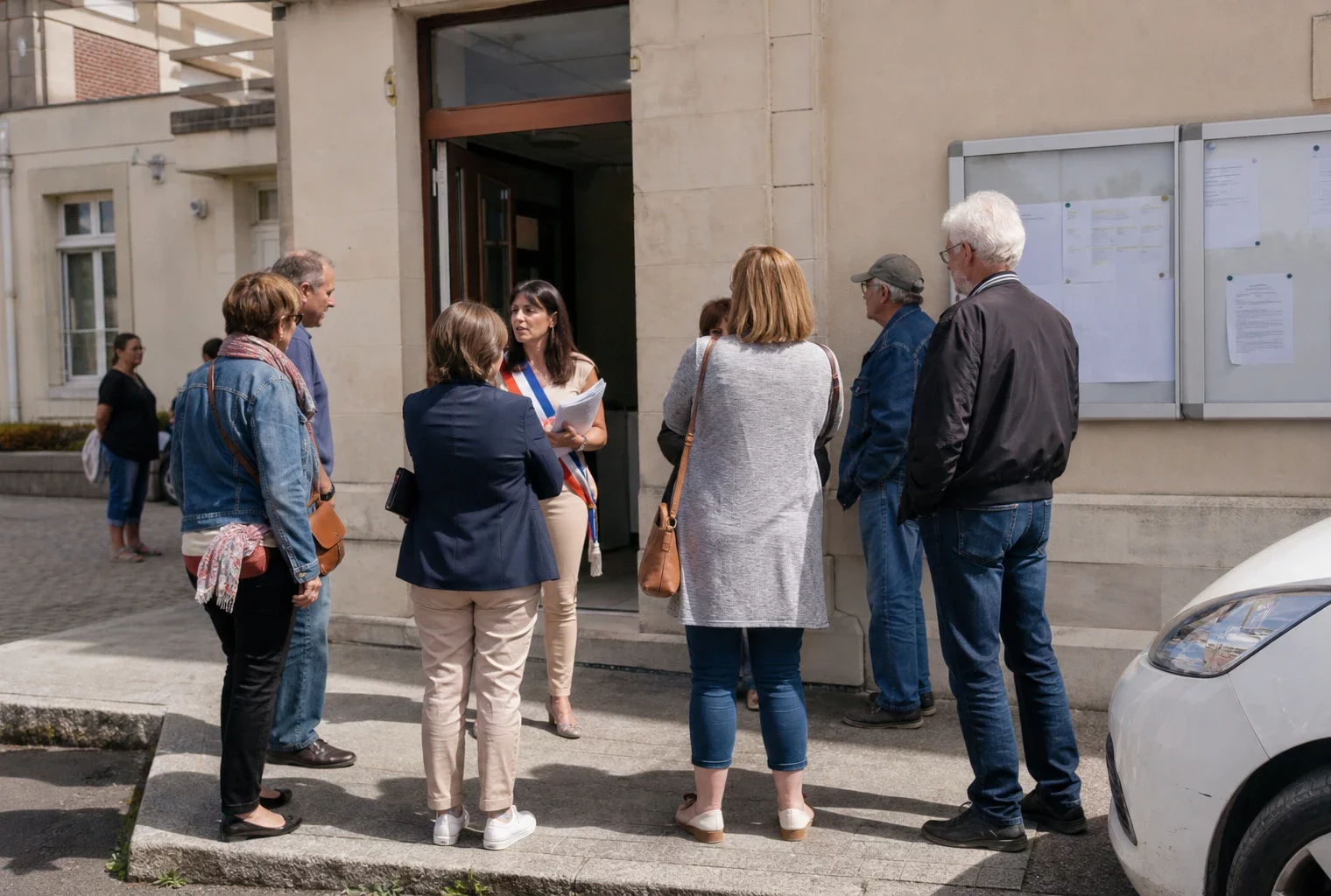 Des habitants anonymes devant une mairie de village lors d’un échange public sur les retraites.