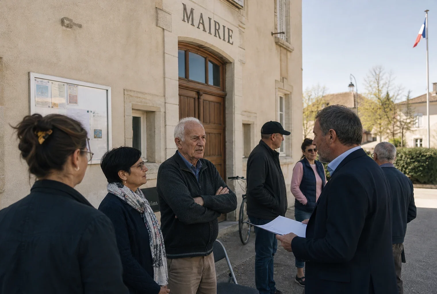 Des habitants échangent devant une mairie française sur l’impact de la guerre sur l’alimentation et l’agriculture.