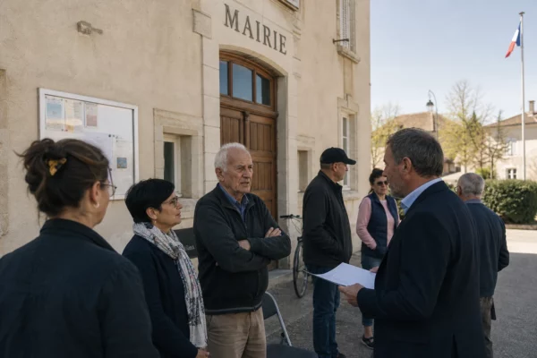 Des habitants échangent devant une mairie française sur l’impact de la guerre sur l’alimentation et l’agriculture.