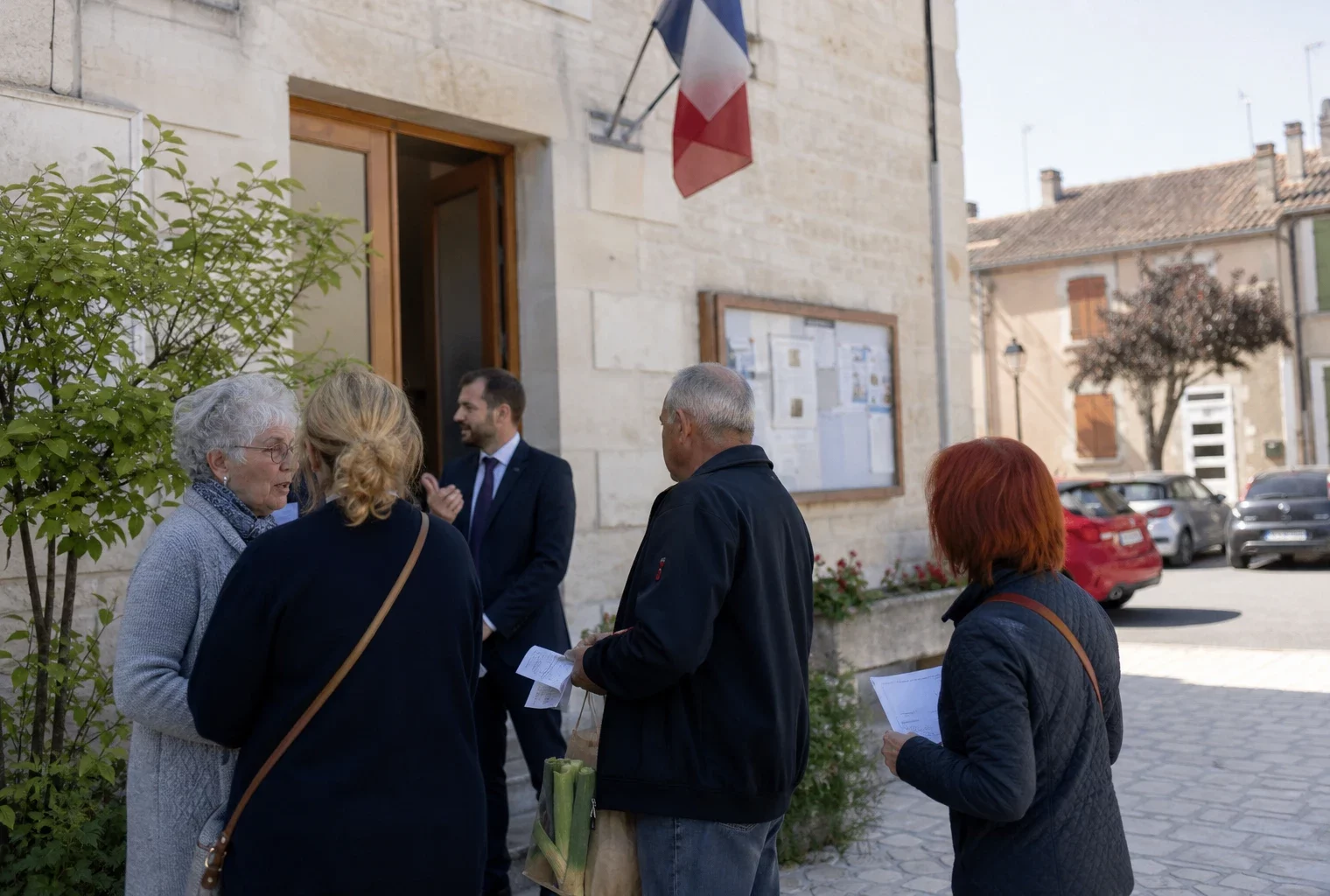 Des habitants discutent devant une mairie de province, dans une scène claire sur l’impact des prix de l’énergie.