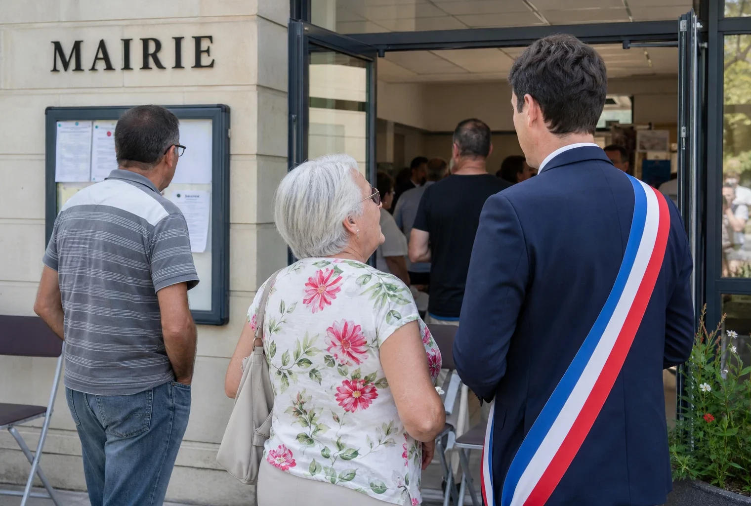 Des habitants discutent devant une mairie française lors d’une réunion locale sur le Liban