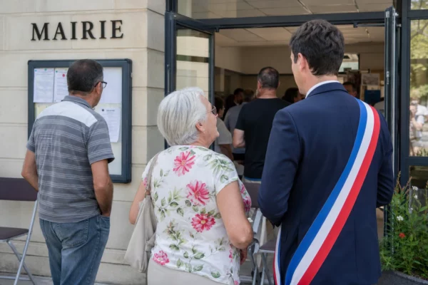 Des habitants discutent devant une mairie française lors d’une réunion locale sur le Liban