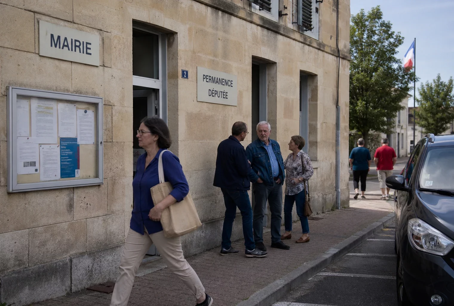 Devant une mairie de village, des habitants anonymes discutent sous une lumière claire, avec un drapeau tricolore discret au loin.