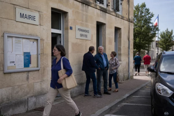 Devant une mairie de village, des habitants anonymes discutent sous une lumière claire, avec un drapeau tricolore discret au loin.