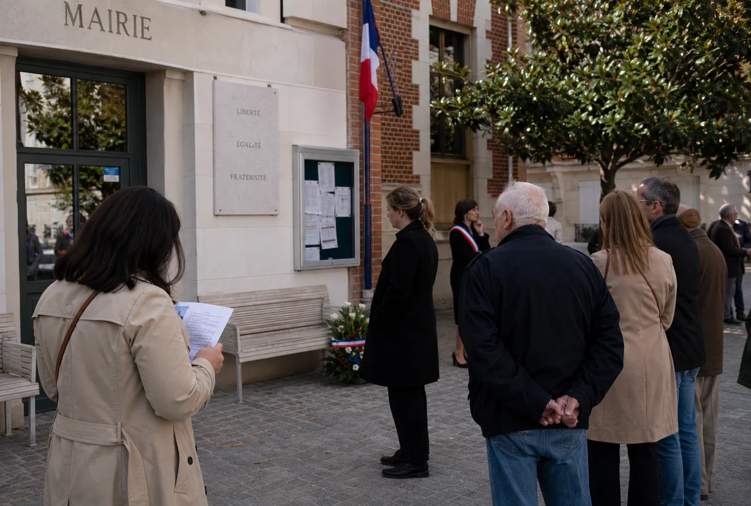 Des habitants anonymes devant une mairie parisienne lors d’un rassemblement civique en lien avec un mémorial.