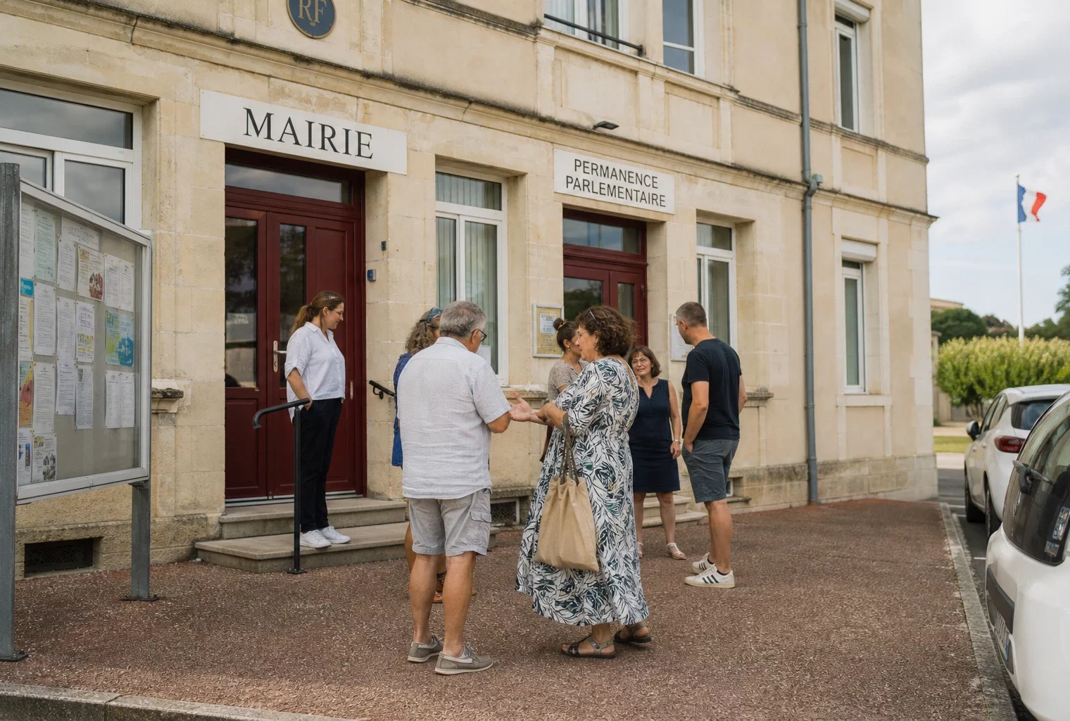 Des citoyens anonymes discutent devant une mairie de ville moyenne, dans une scène de vie politique locale au quotidien.