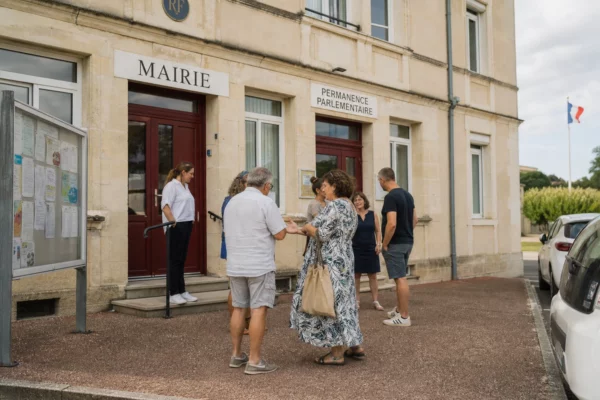 Des citoyens anonymes discutent devant une mairie de ville moyenne, dans une scène de vie politique locale au quotidien.