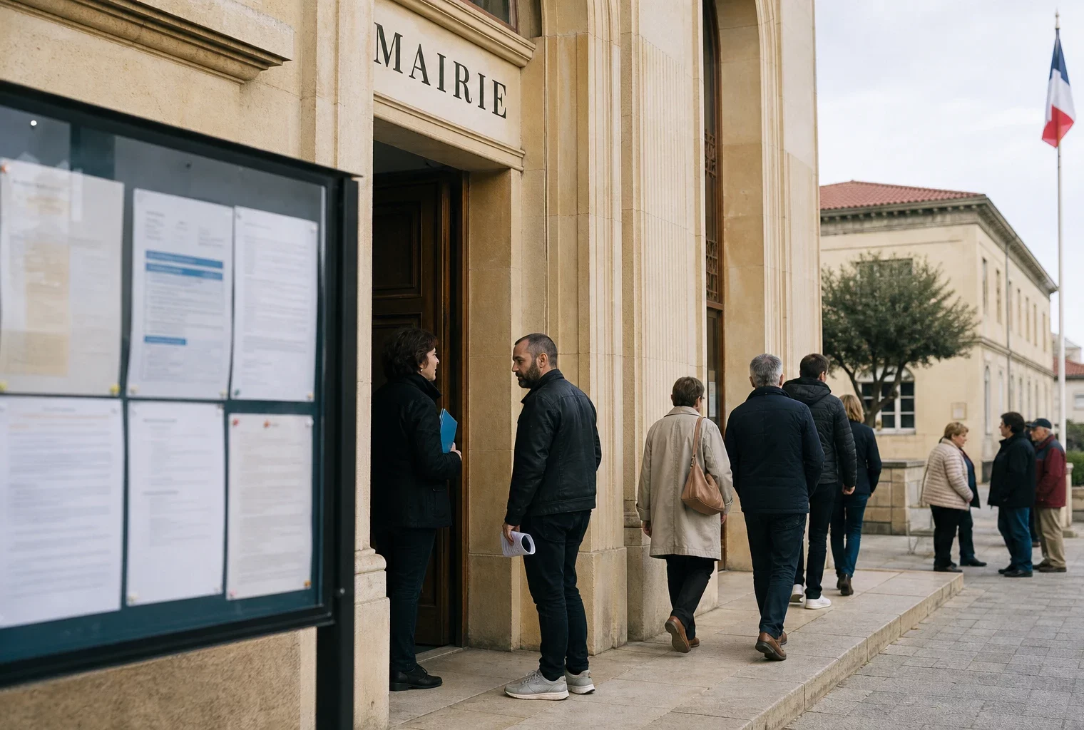Devant l’hôtel de ville de Perpignan, des citoyens anonymes entrent dans une mairie au cours d’une journée claire.