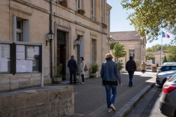 Devant une mairie de ville moyenne, des habitants anonymes discutent dans une rue calme et lumineuse.