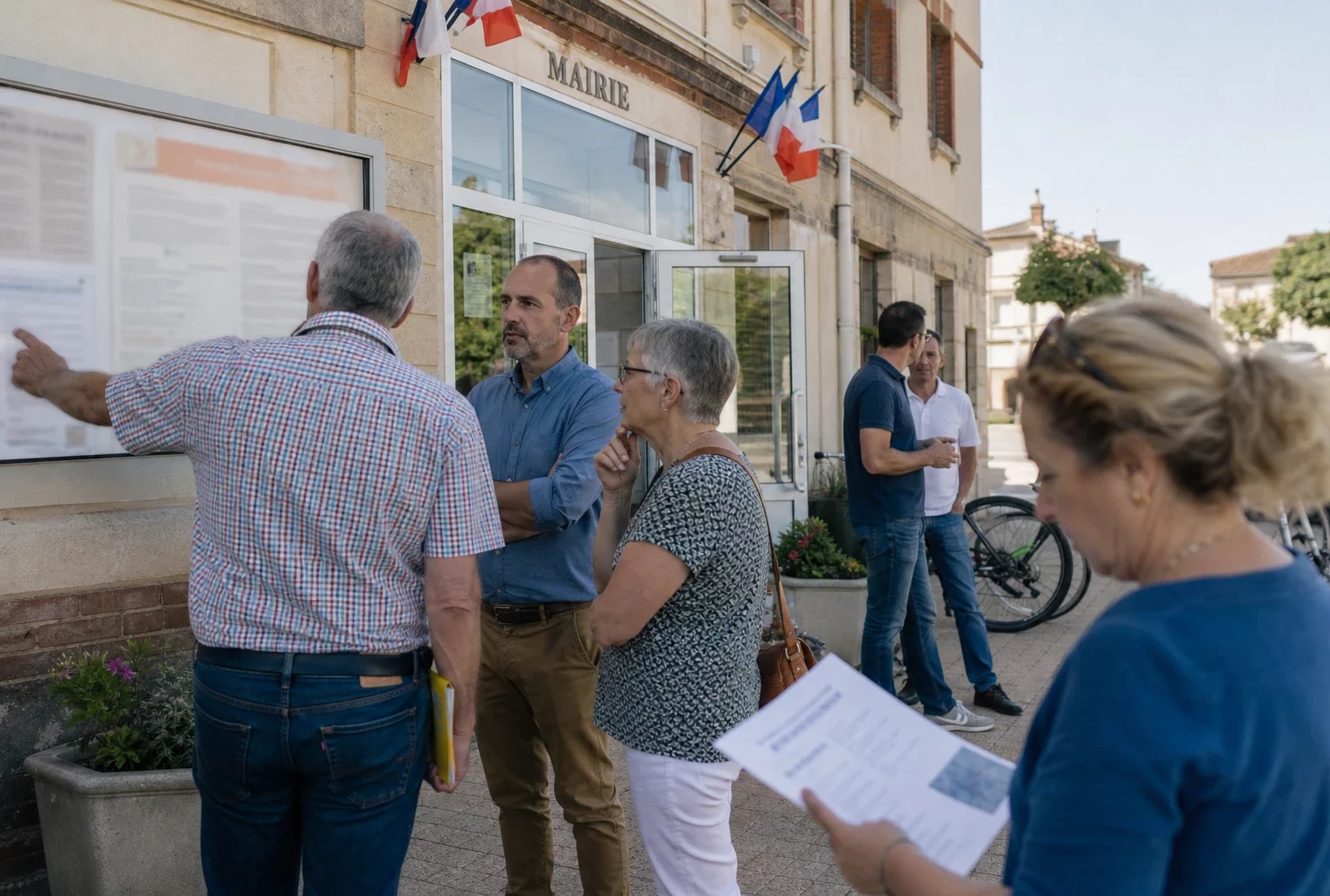Des habitants échangent avec des élus devant une mairie française au sujet de la préparation aux feux de forêt.