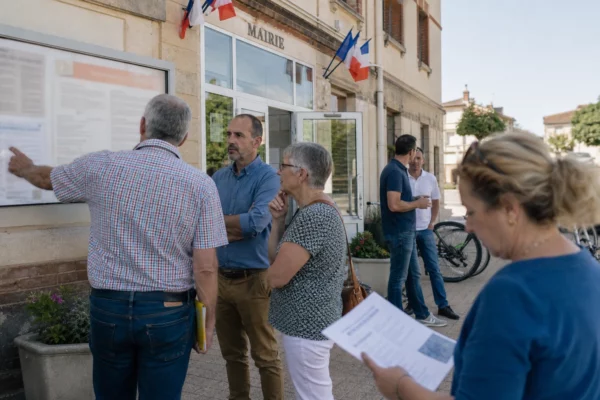 Des habitants échangent avec des élus devant une mairie française au sujet de la préparation aux feux de forêt.