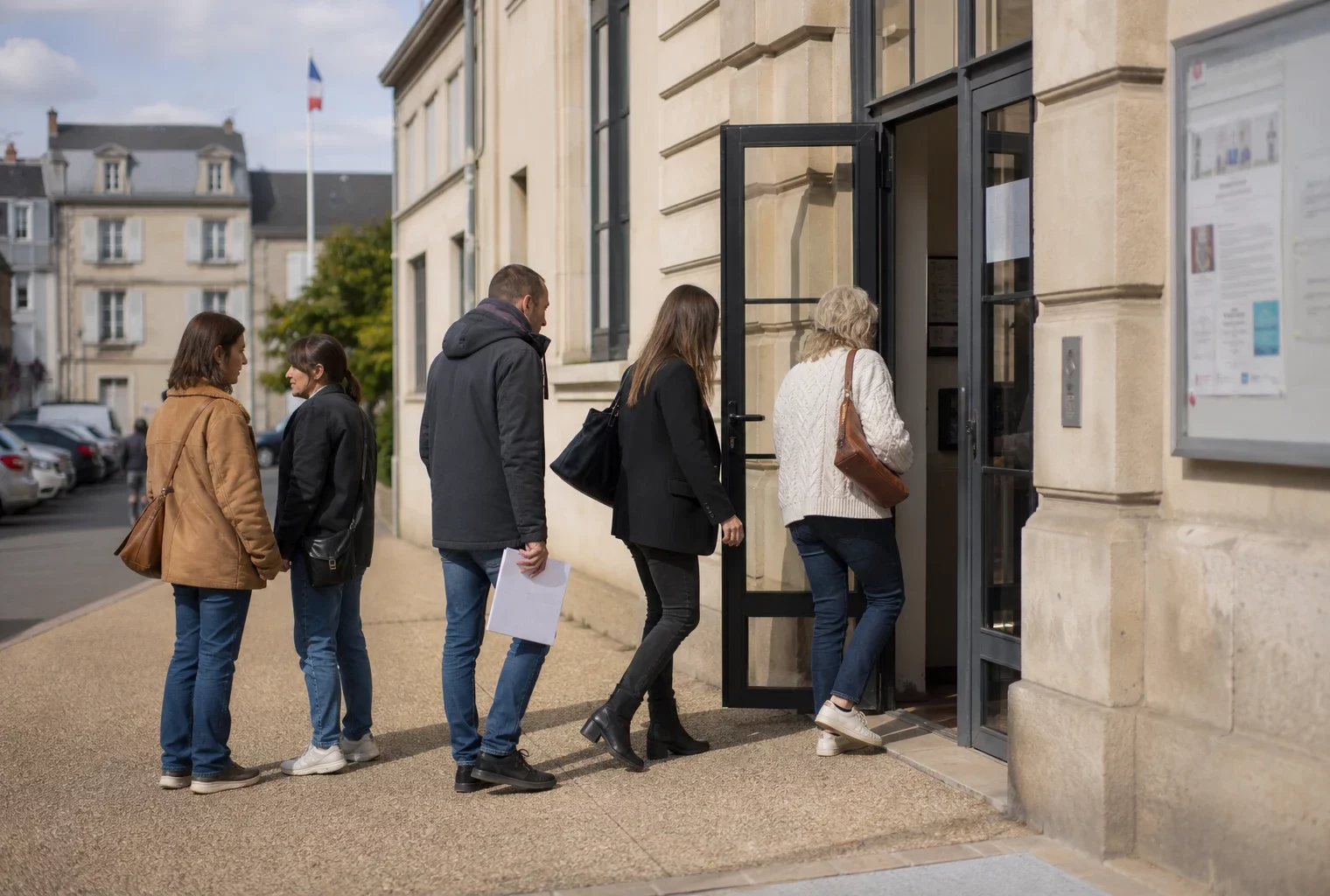 Des citoyens anonymes devant une mairie française, dans une scène calme liée à la protection de l’enfance.