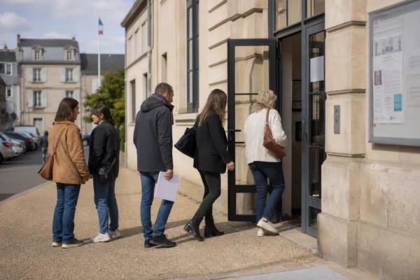 Des citoyens anonymes devant une mairie française, dans une scène calme liée à la protection de l’enfance.