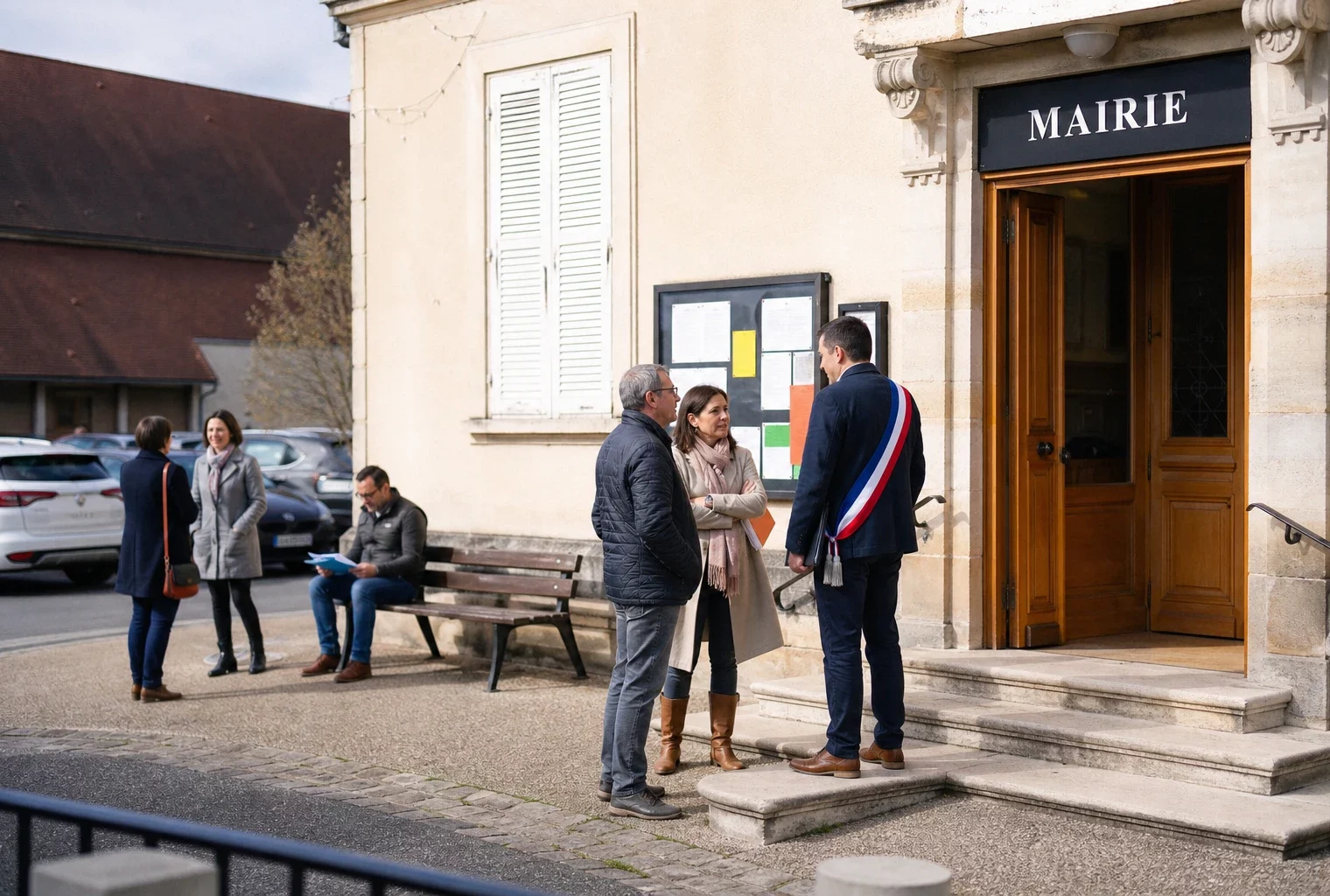 Scène de mairie de proximité avec citoyens anonymes sur le parvis, en lumière naturelle claire.