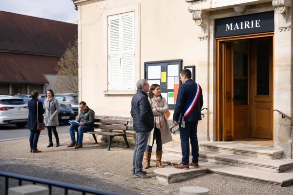 Scène de mairie de proximité avec citoyens anonymes sur le parvis, en lumière naturelle claire.