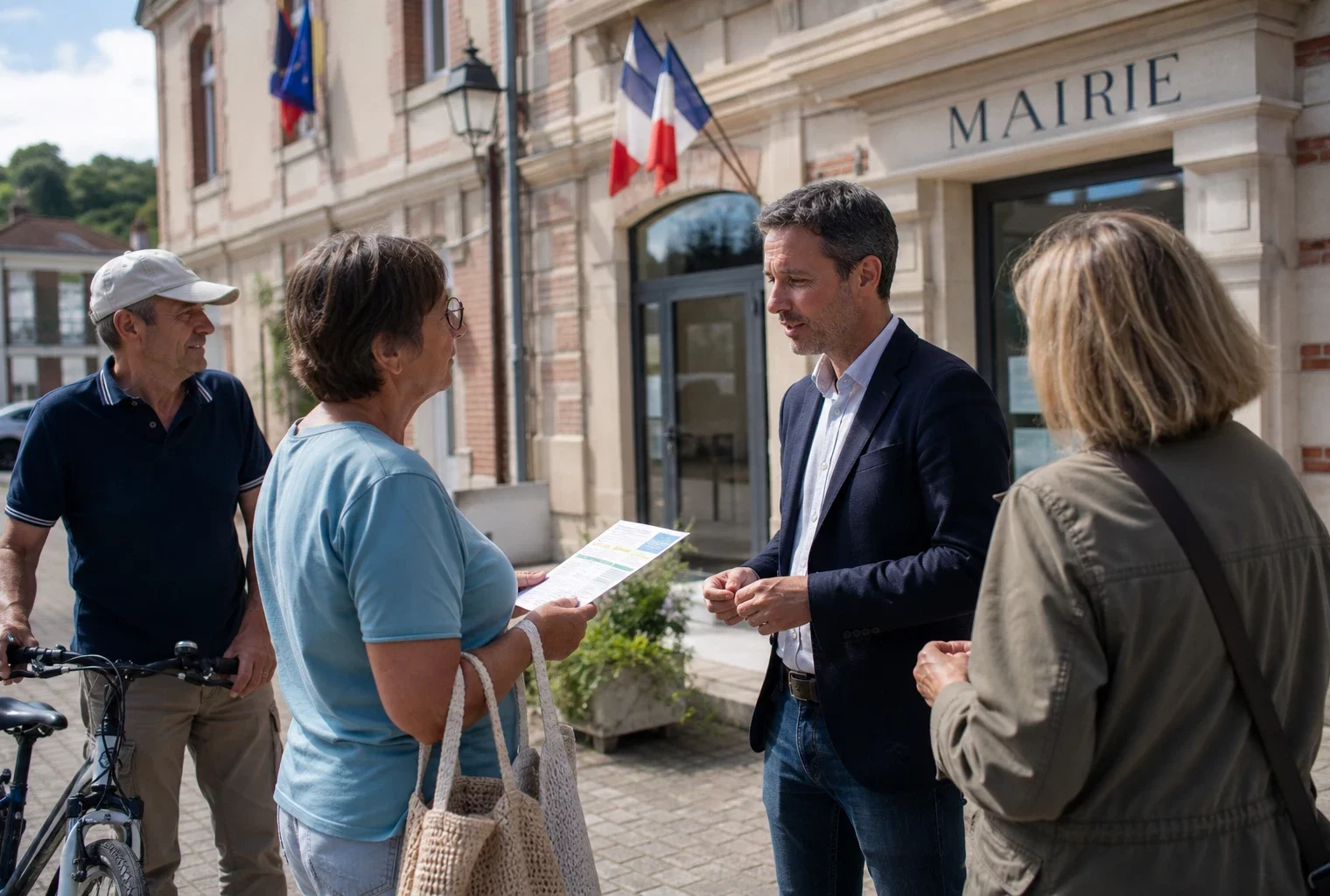 Des habitants échangent avec un élu sur le parvis d’une mairie française, en plein jour, dans une scène de proximité citoyenne.