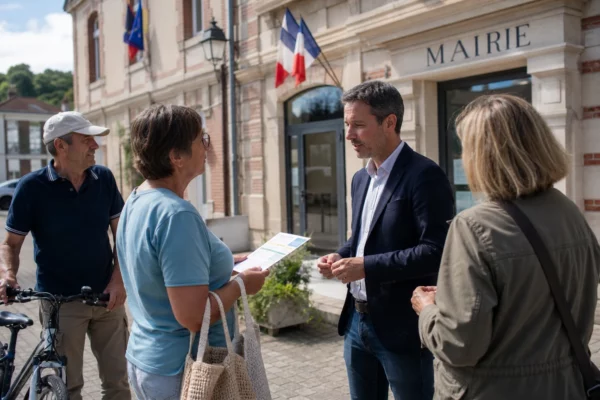 Des habitants échangent avec un élu sur le parvis d’une mairie française, en plein jour, dans une scène de proximité citoyenne.