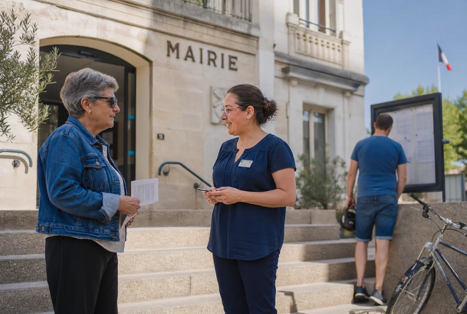 Des citoyens discutent devant une mairie française par une journée claire, dans une scène de vie civique locale.