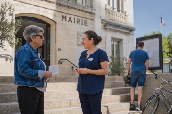 Des citoyens discutent devant une mairie française par une journée claire, dans une scène de vie civique locale.