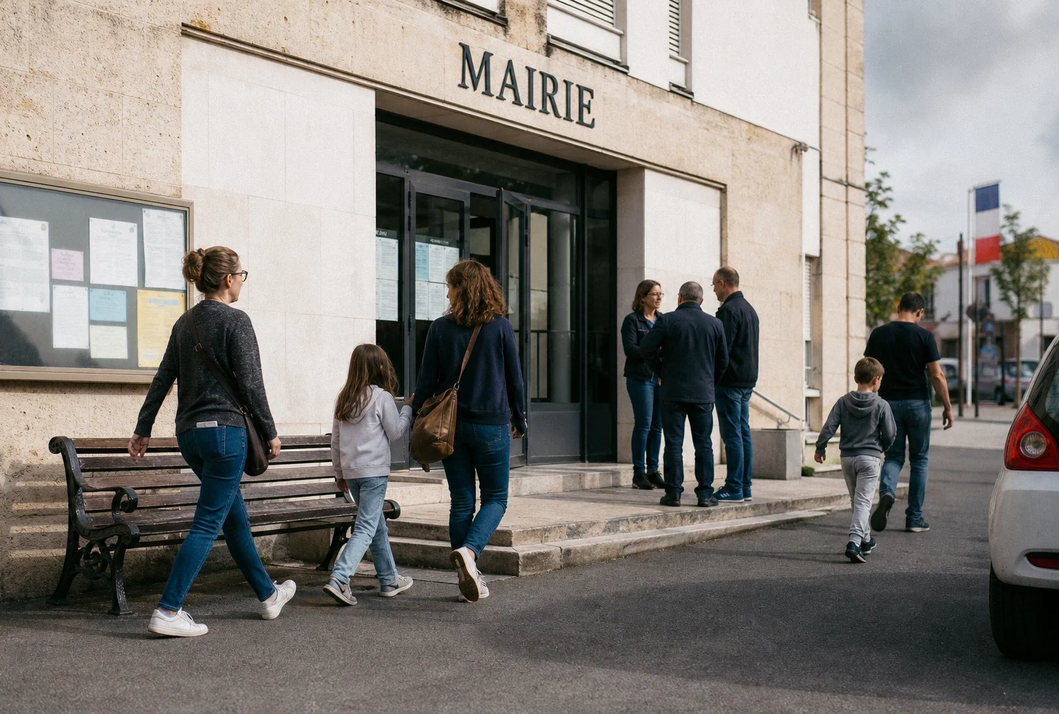 Des anonymes devant la mairie d’une petite ville française, dans une ambiance civique claire et quotidienne.