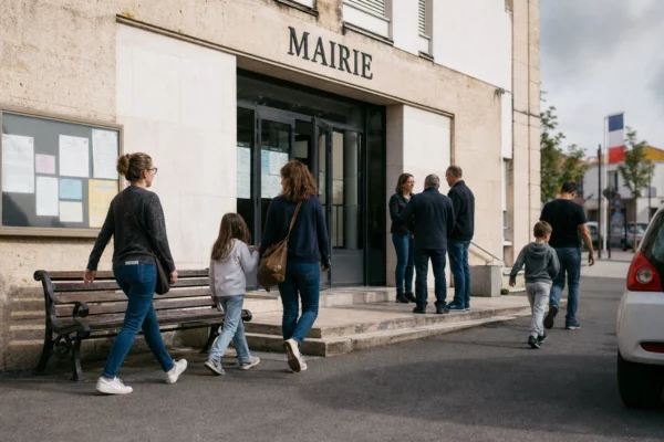 Des anonymes devant la mairie d’une petite ville française, dans une ambiance civique claire et quotidienne.