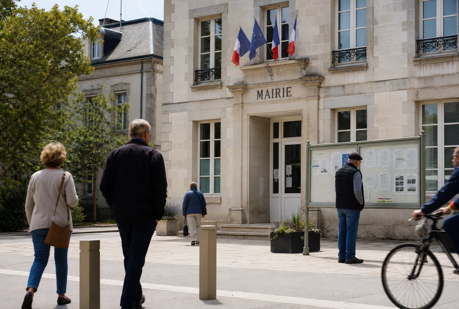 Des passants anonymes devant une mairie française, dans une rue calme en pleine journée, avec une affiche floue en arrière-plan.