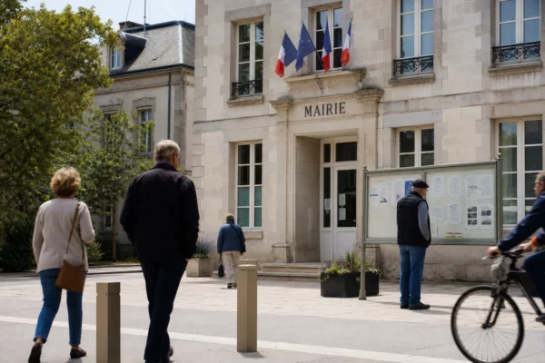 Des passants anonymes devant une mairie française, dans une rue calme en pleine journée, avec une affiche floue en arrière-plan.