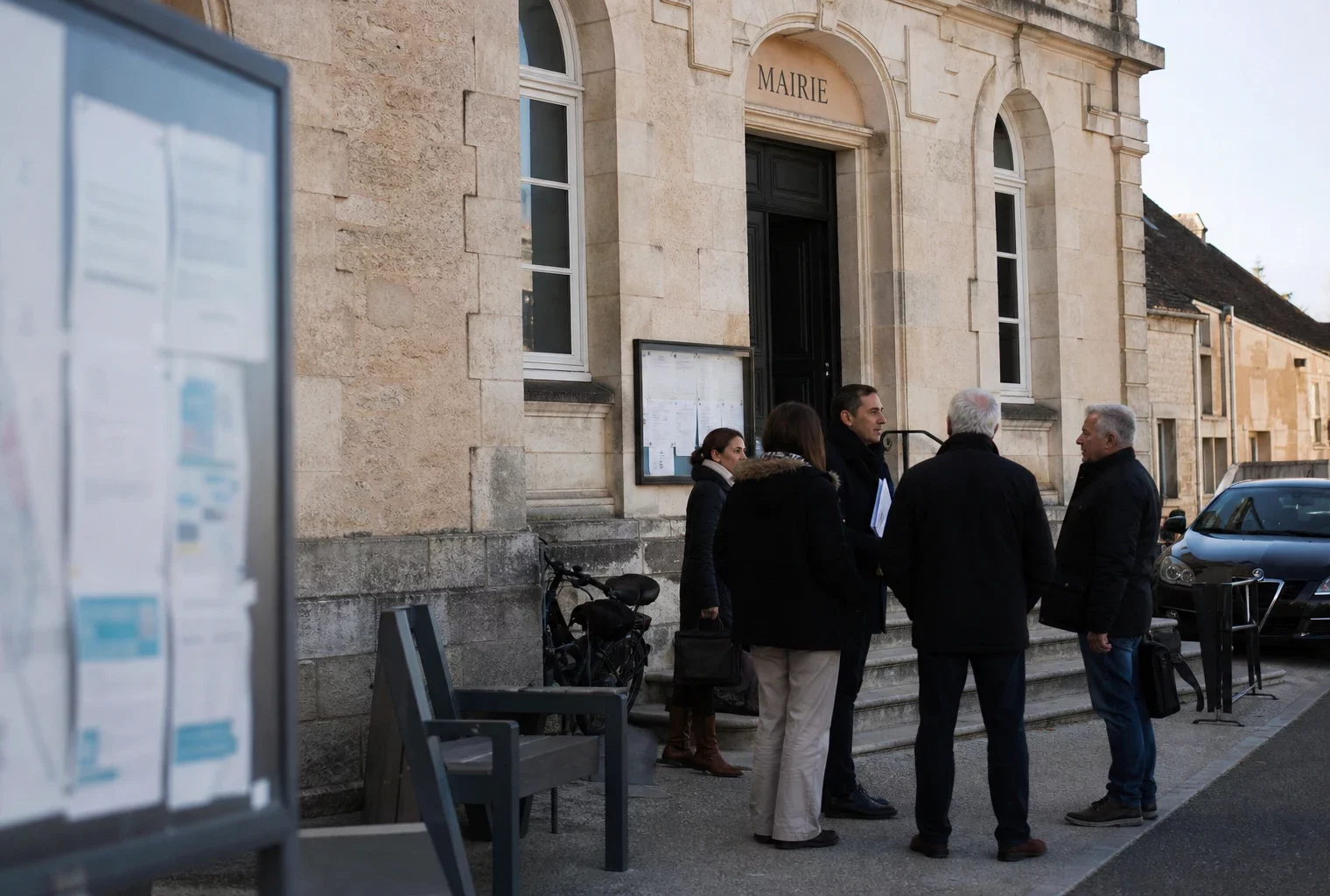Des habitants discutent devant une mairie de village, dans une scène de vie citoyenne lumineuse et ordinaire.