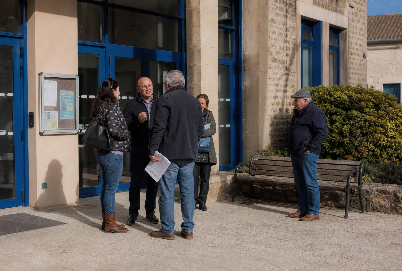 Devant une mairie française, des citoyens anonymes échangent dans une ambiance civique calme et lumineuse.