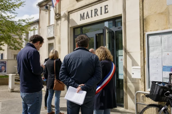 Devant une mairie de proximité, des citoyens anonymes discutent dans une ambiance claire et quotidienne.