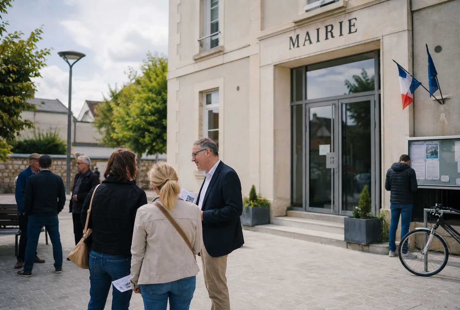 Des citoyens discutent devant une mairie de petite ville française, dans une scène de vie civique en lumière naturelle.