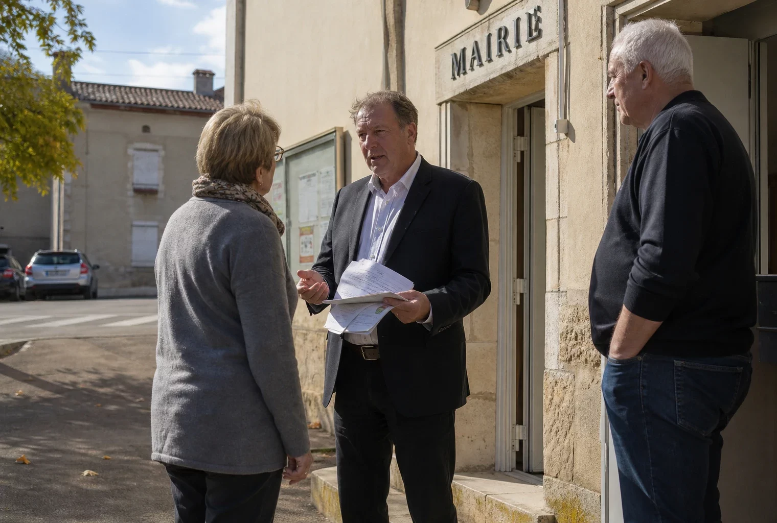 Des citoyens anonymes discutent devant une mairie française, dans une ambiance de vie locale et de campagne présidentielle.