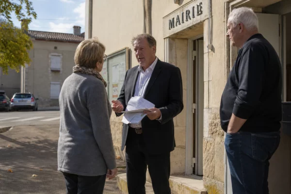 Des citoyens anonymes discutent devant une mairie française, dans une ambiance de vie locale et de campagne présidentielle.