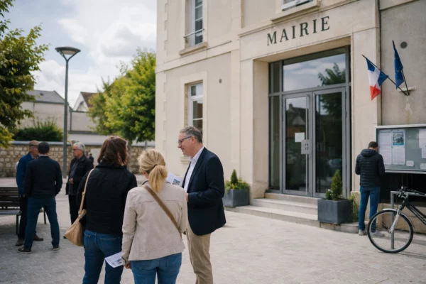 Des citoyens discutent devant une mairie de petite ville française, dans une scène de vie civique en lumière naturelle.