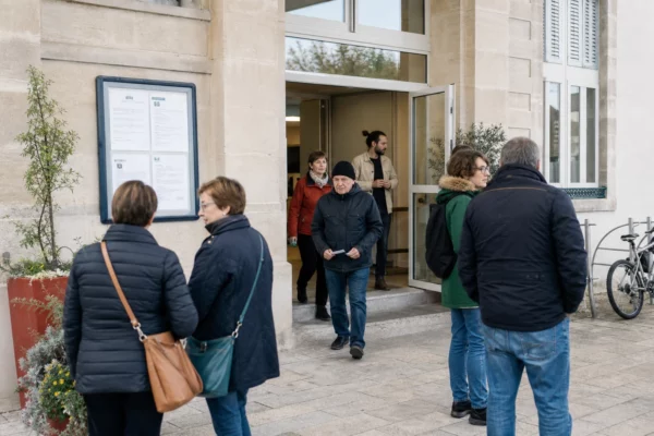 Des habitants anonymes arrivent devant une mairie de quartier lors d’un échange civique local.