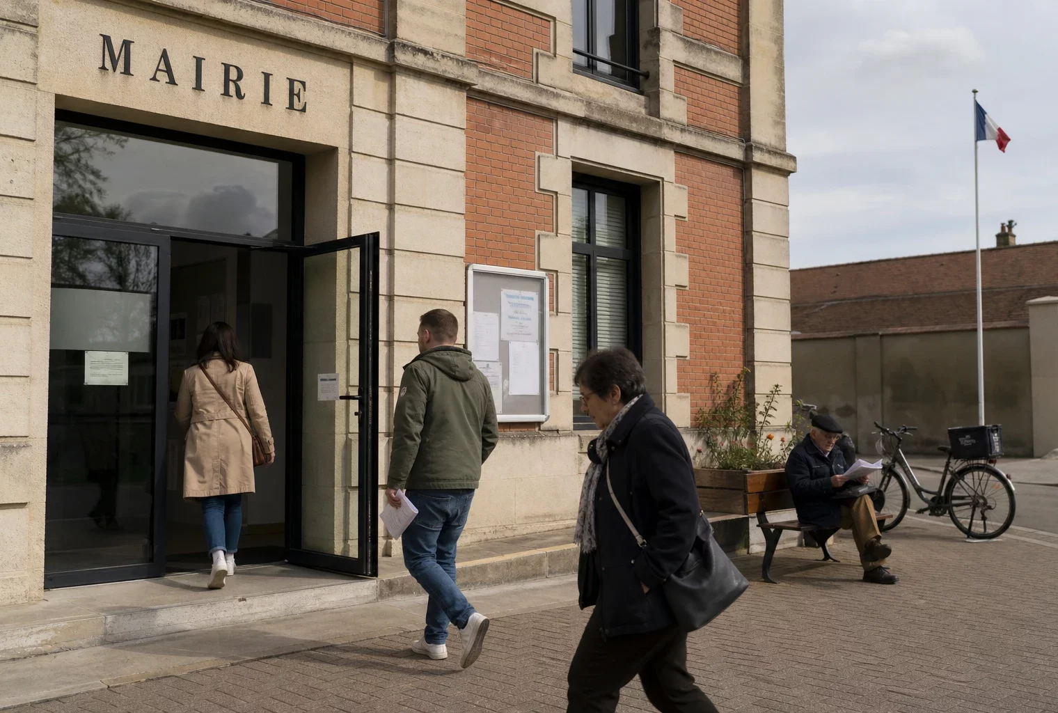 Devant une mairie de banlieue, des habitants anonymes circulent sous une lumière claire de journée