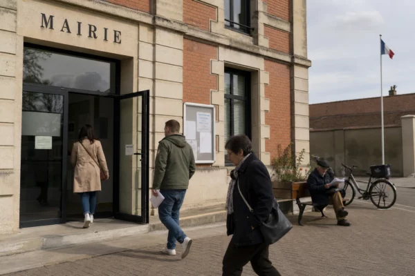Devant une mairie de banlieue, des habitants anonymes circulent sous une lumière claire de journée