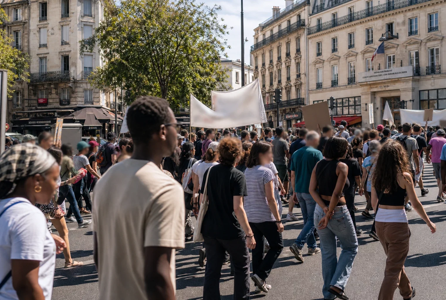 Marche anti-racisme à Paris sous la canicule, cortège anonyme dans une rue urbaine en plein jour.