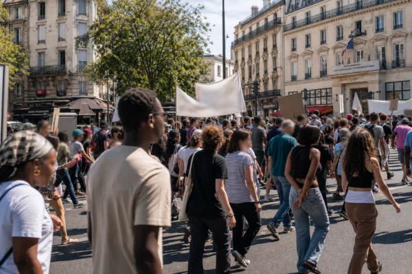 Marche anti-racisme à Paris sous la canicule, cortège anonyme dans une rue urbaine en plein jour.