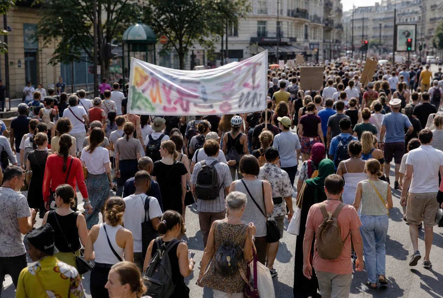 Marche antiraciste à Paris dans une rue ensoleillée, avec une foule de manifestants anonymes