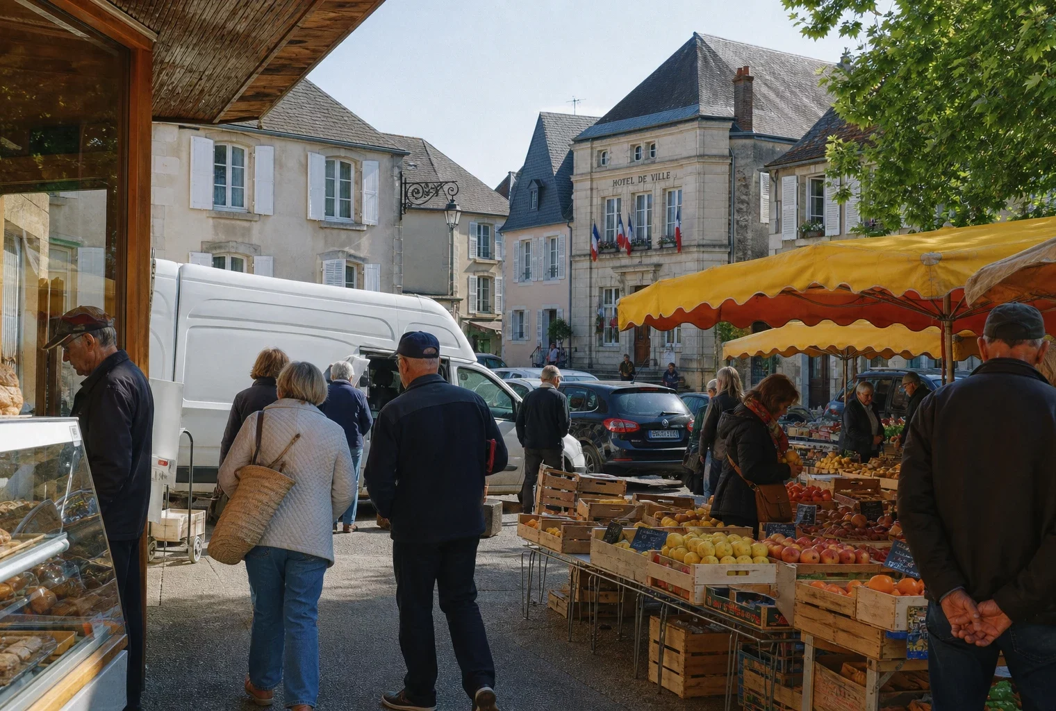 Marché d’une ville moyenne française avec habitants anonymes devant la mairie, en lumière naturelle et ambiance de reportage.